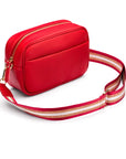 Leather cross body camera bag, red, side