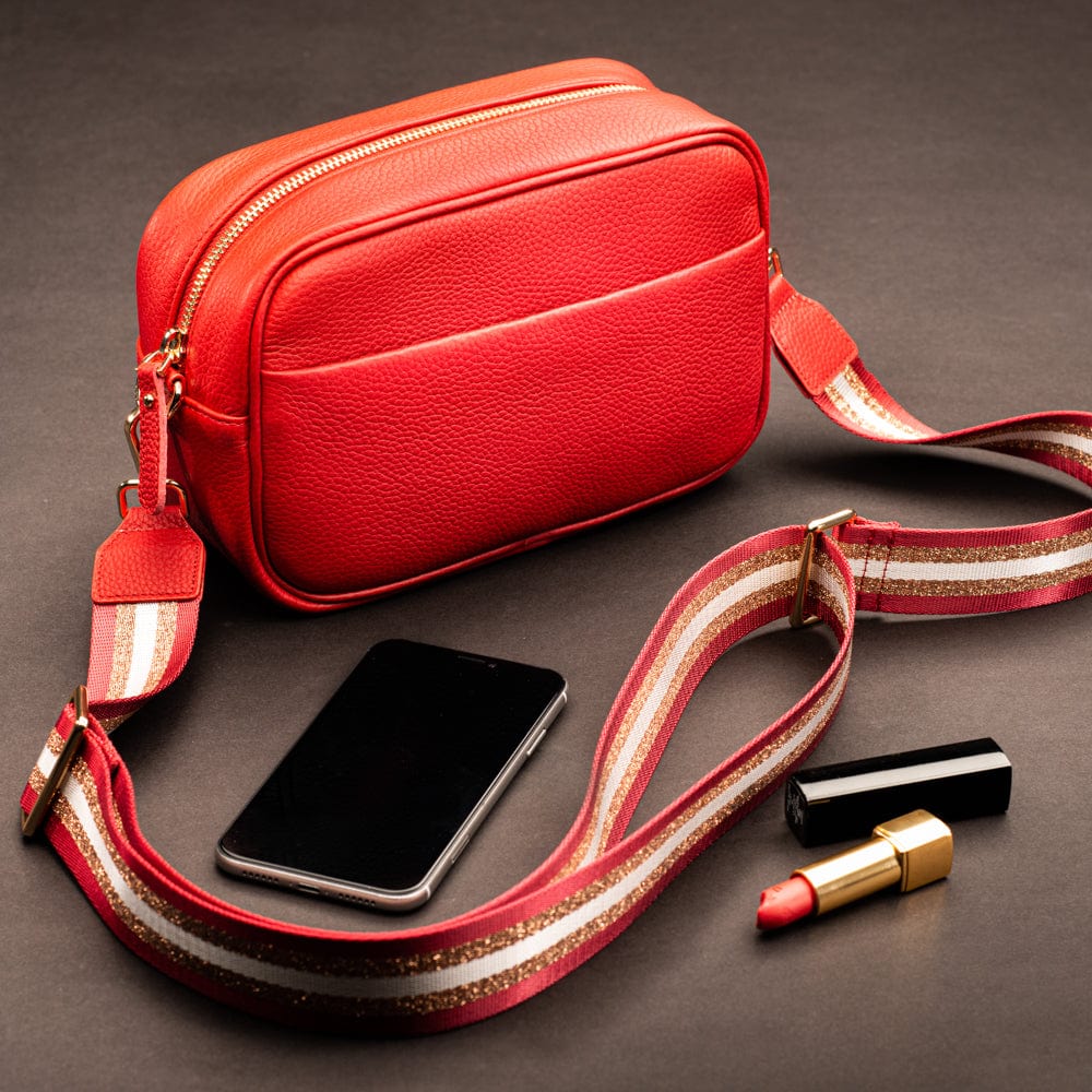 Leather cross body camera bag, red, lifestyle
