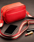 Leather cross body camera bag, red, lifestyle