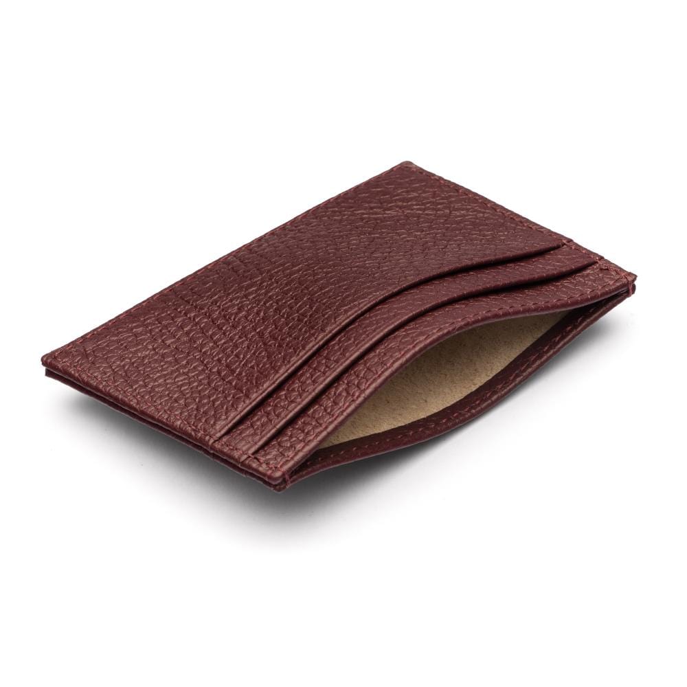 Flat leather credit card wallet 4 CC, burgundy pebble grain, inside