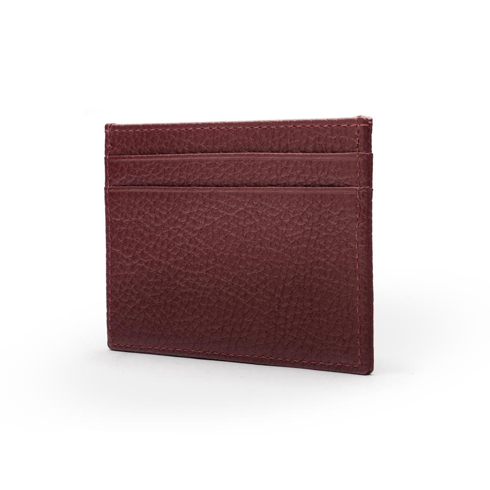Flat leather credit card wallet 4 CC, burgundy pebble grain, side