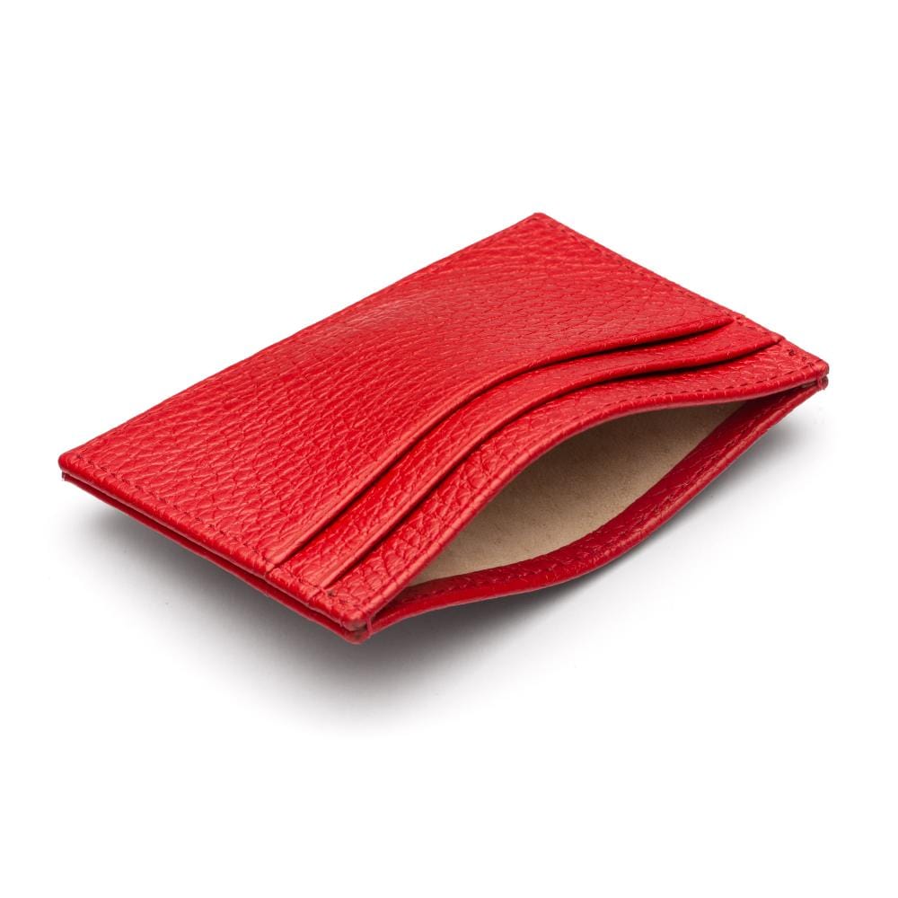 Flat leather credit card wallet 4 CC, red pebble grain, inside