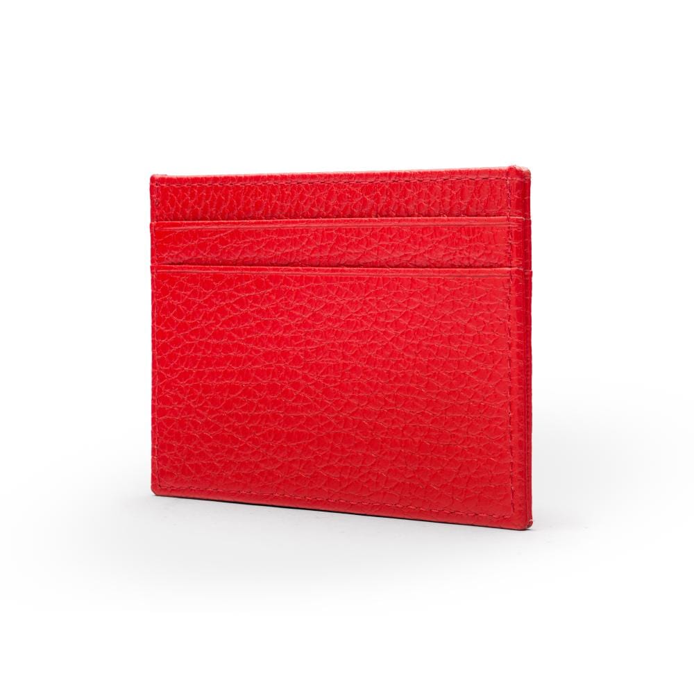 Flat leather credit card wallet 4 CC, red pebble grain, front