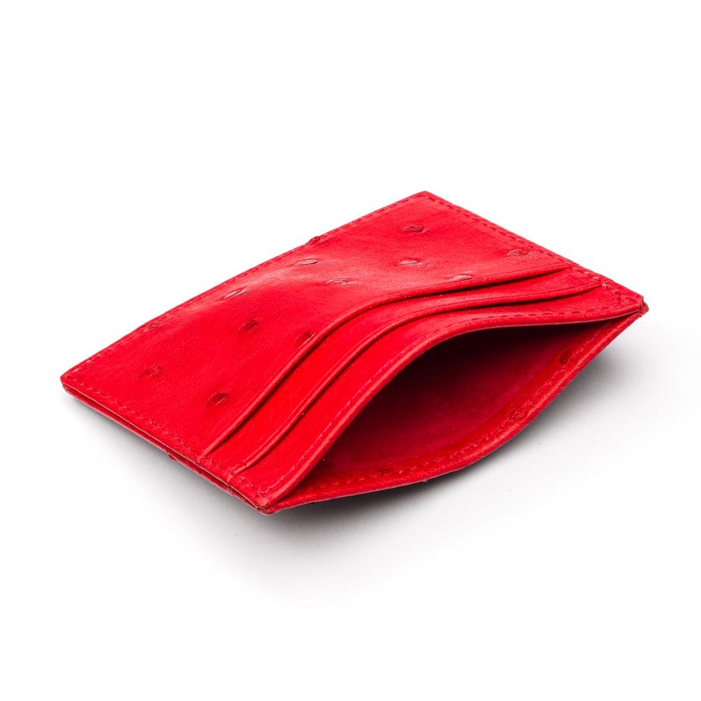Flat ostrich leather credit card case, red ostrich leather, front