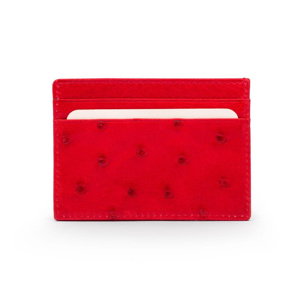 Flat ostrich leather credit card case, red ostrich leather, front