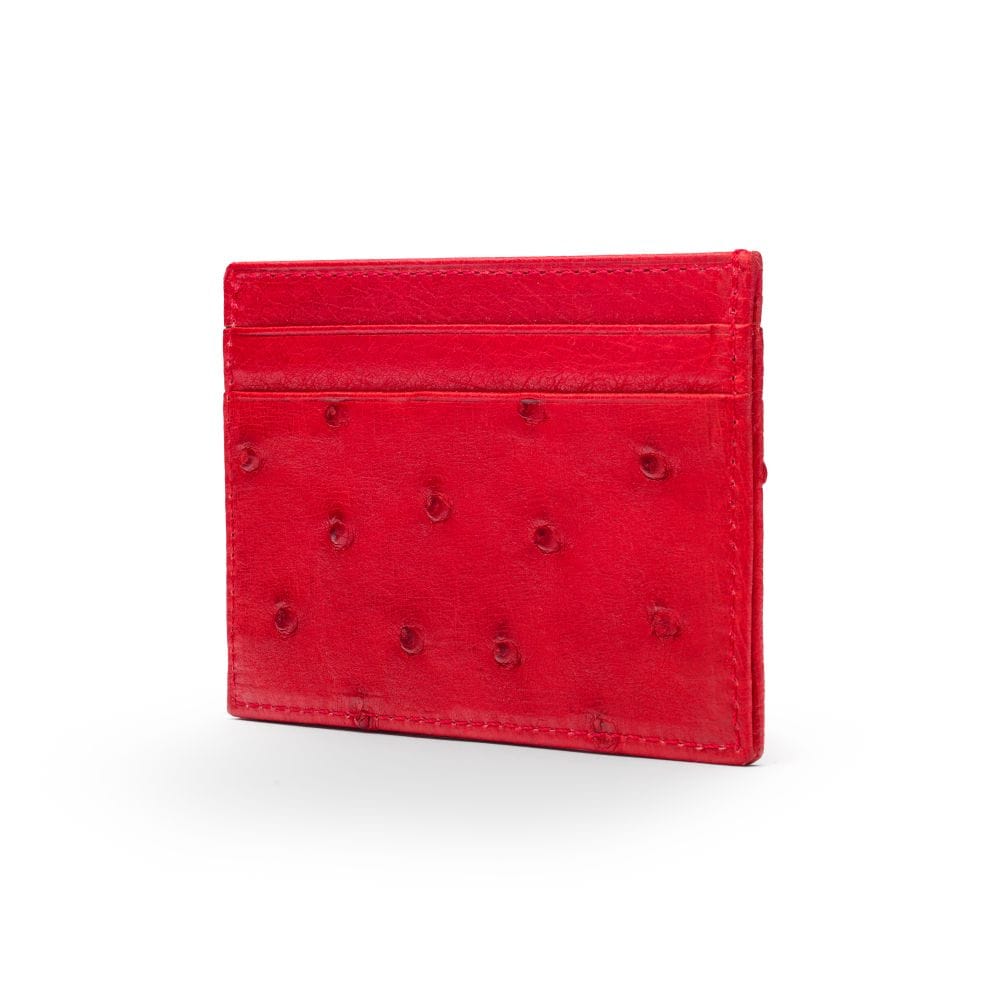 Flat ostrich leather credit card case, red ostrich leather, side
