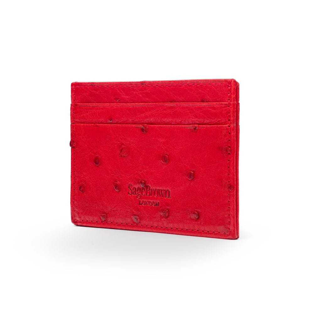 Flat ostrich leather credit card case, red ostrich leather, back