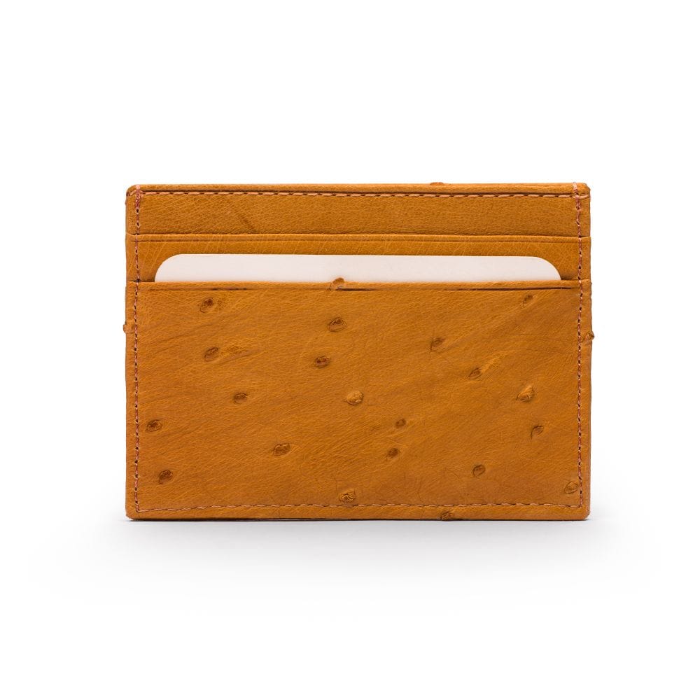 Flat ostrich leather credit card case, tan ostrich leather, front