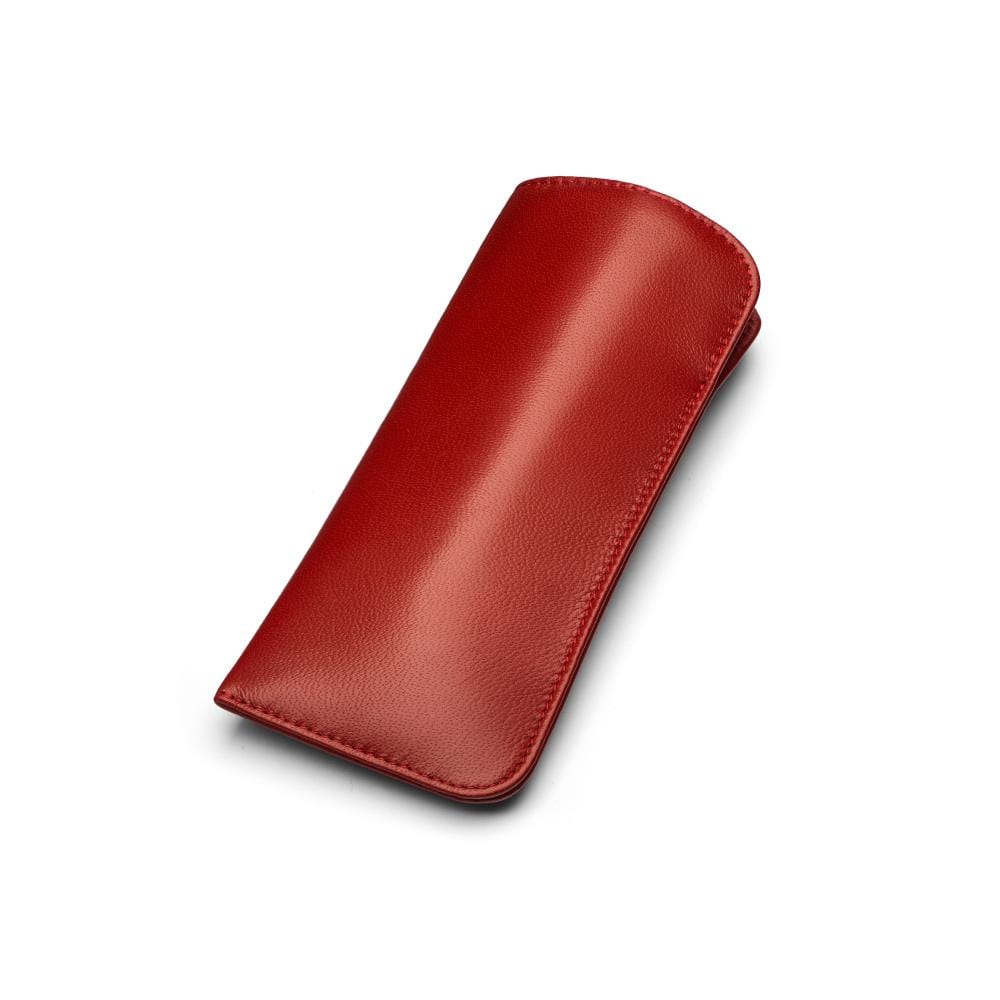 Large leather glasses case. soft red, front