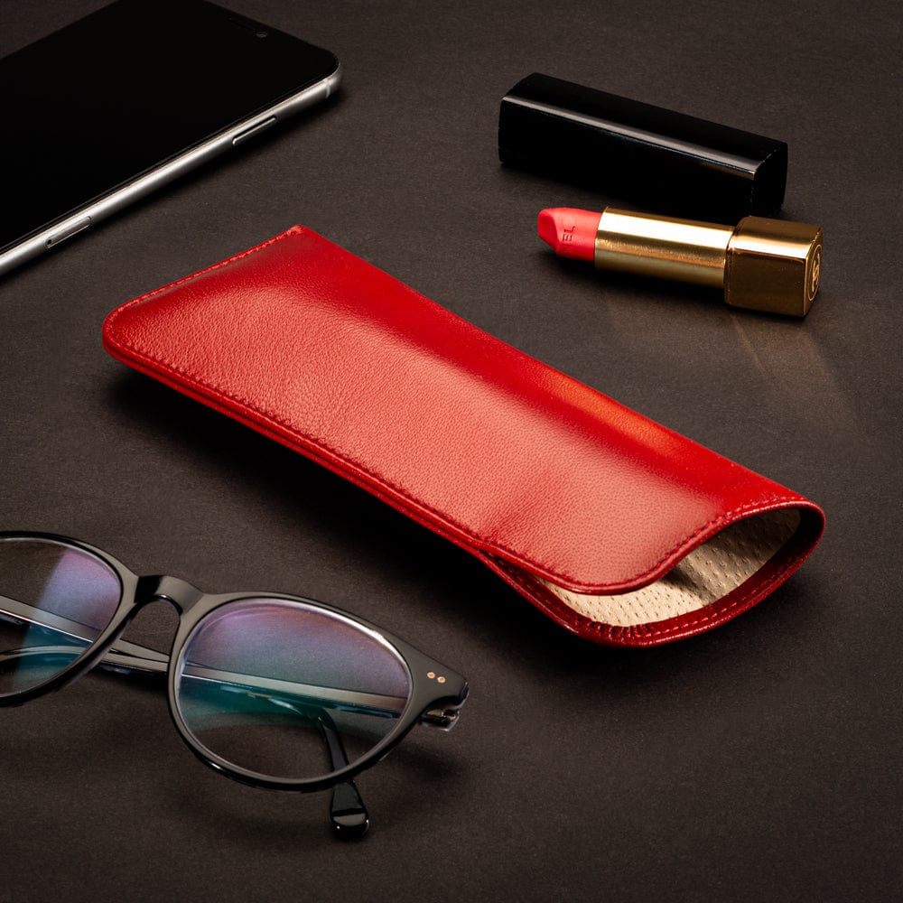 Large leather glasses case. soft red, lifestyle