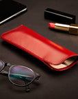 Large leather glasses case. soft red, lifestyle