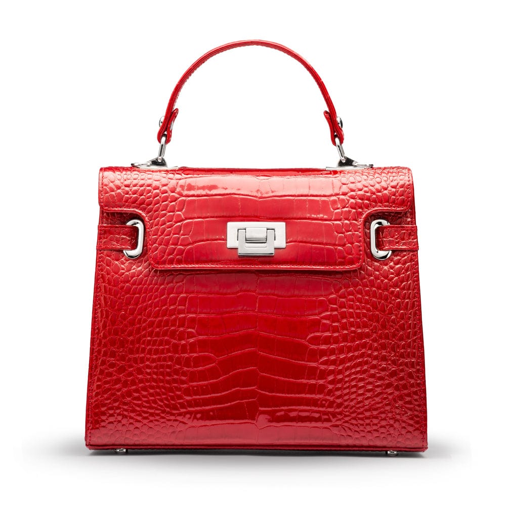 Leather Catherine top handle bag, red patent croc, front