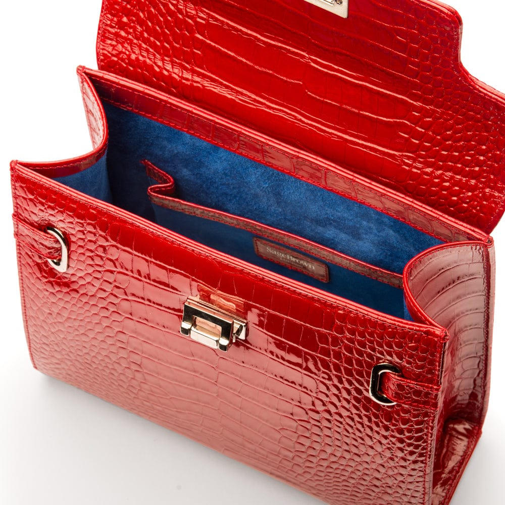 Leather Catherine top handle bag, red patent croc, inside