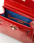 Leather Catherine top handle bag, red patent croc, inside