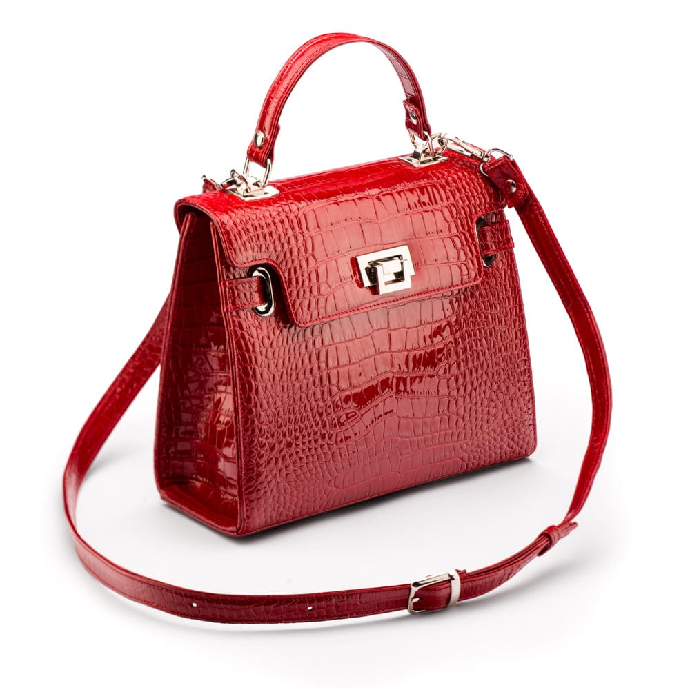 Leather Catherine top handle bag, red patent croc, with strap