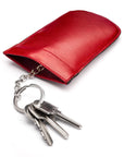 Leather key case with squeeze spring opening, red, open