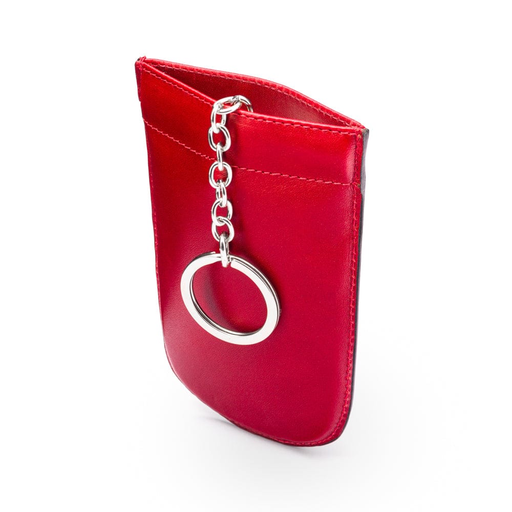 Leather key case with squeeze spring opening, red, front