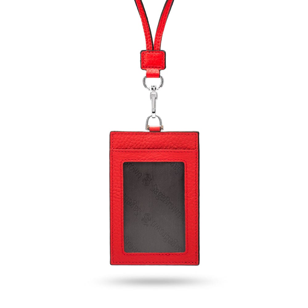 Leather lanyard ID card holder, red, front