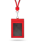 Leather lanyard ID card holder, red, front