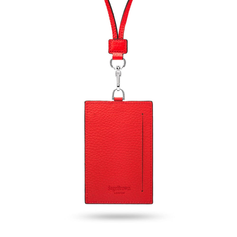 Leather lanyard ID card holder, red, back