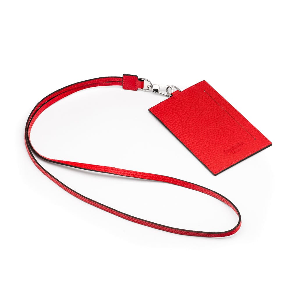 Leather lanyard ID card holder, red, back view