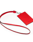 Leather lanyard ID card holder, red, back view