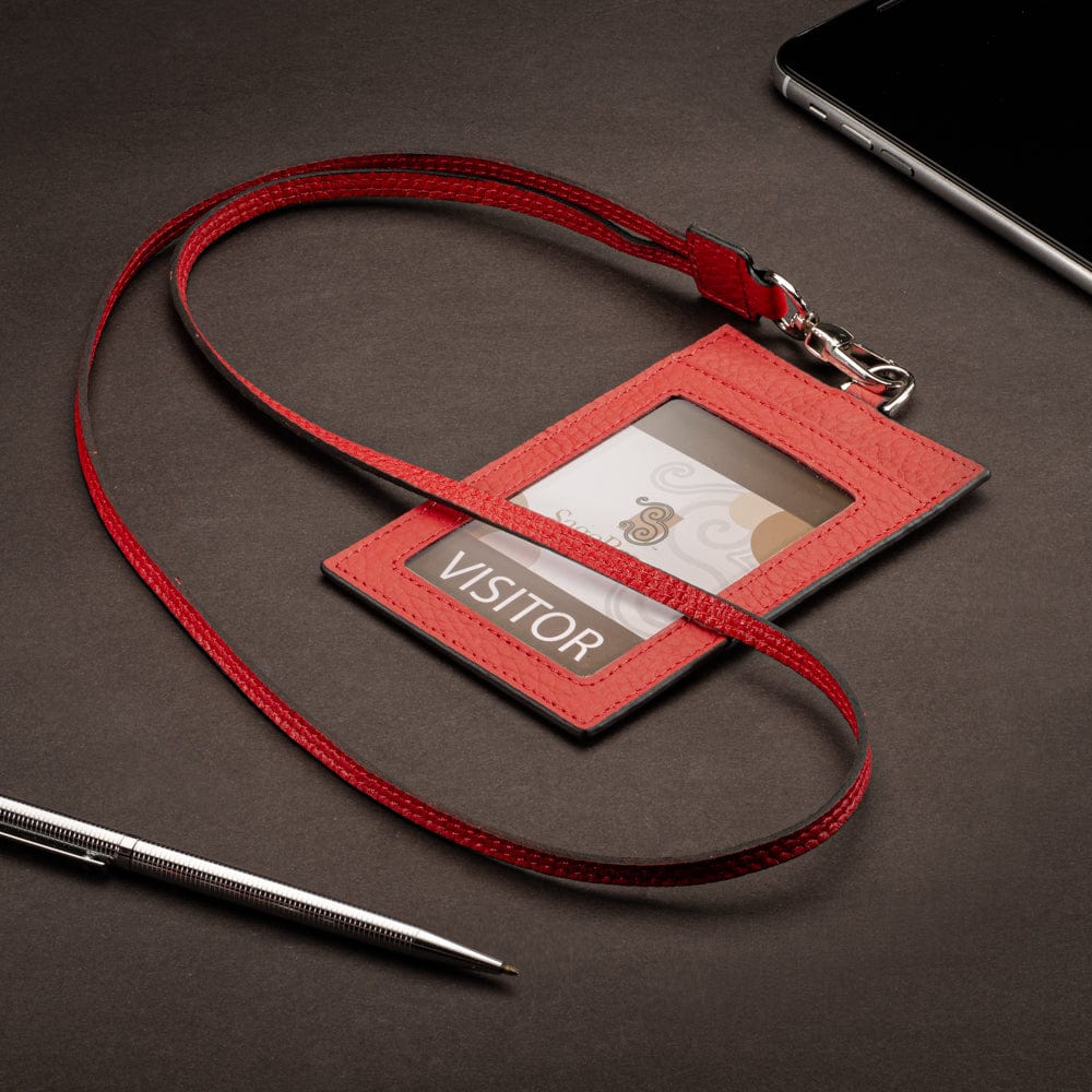 Leather lanyard ID card holder, red, lifestyle