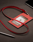 Leather lanyard ID card holder, red, lifestyle