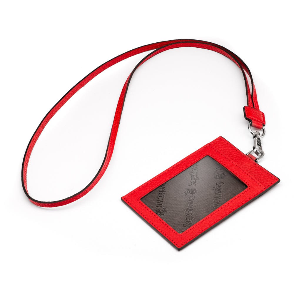 Leather lanyard ID card holder, red, with strap