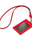 Leather lanyard ID card holder, red, with strap