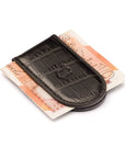 Leather Magnetic Money Clip, black croc, with cash