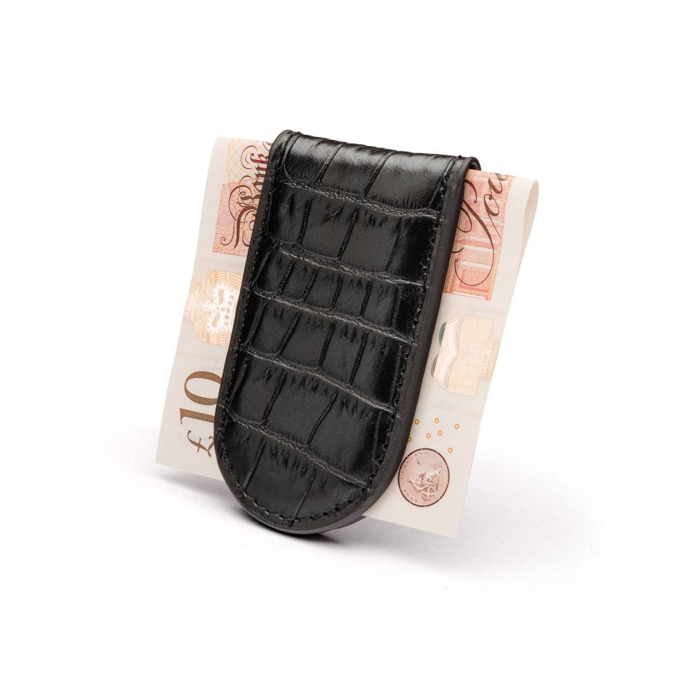 Leather Magnetic Money Clip, black croc, back