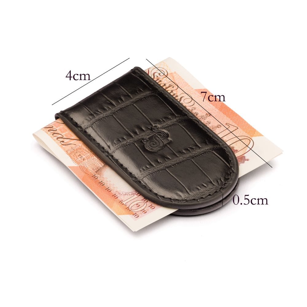 Leather Magnetic Money Clip, black croc, dimensions
