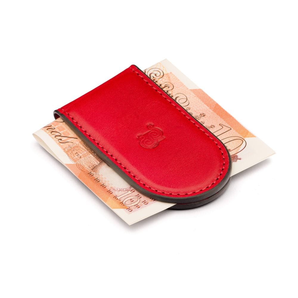 Leather Magnetic Money Clip, red, with cash