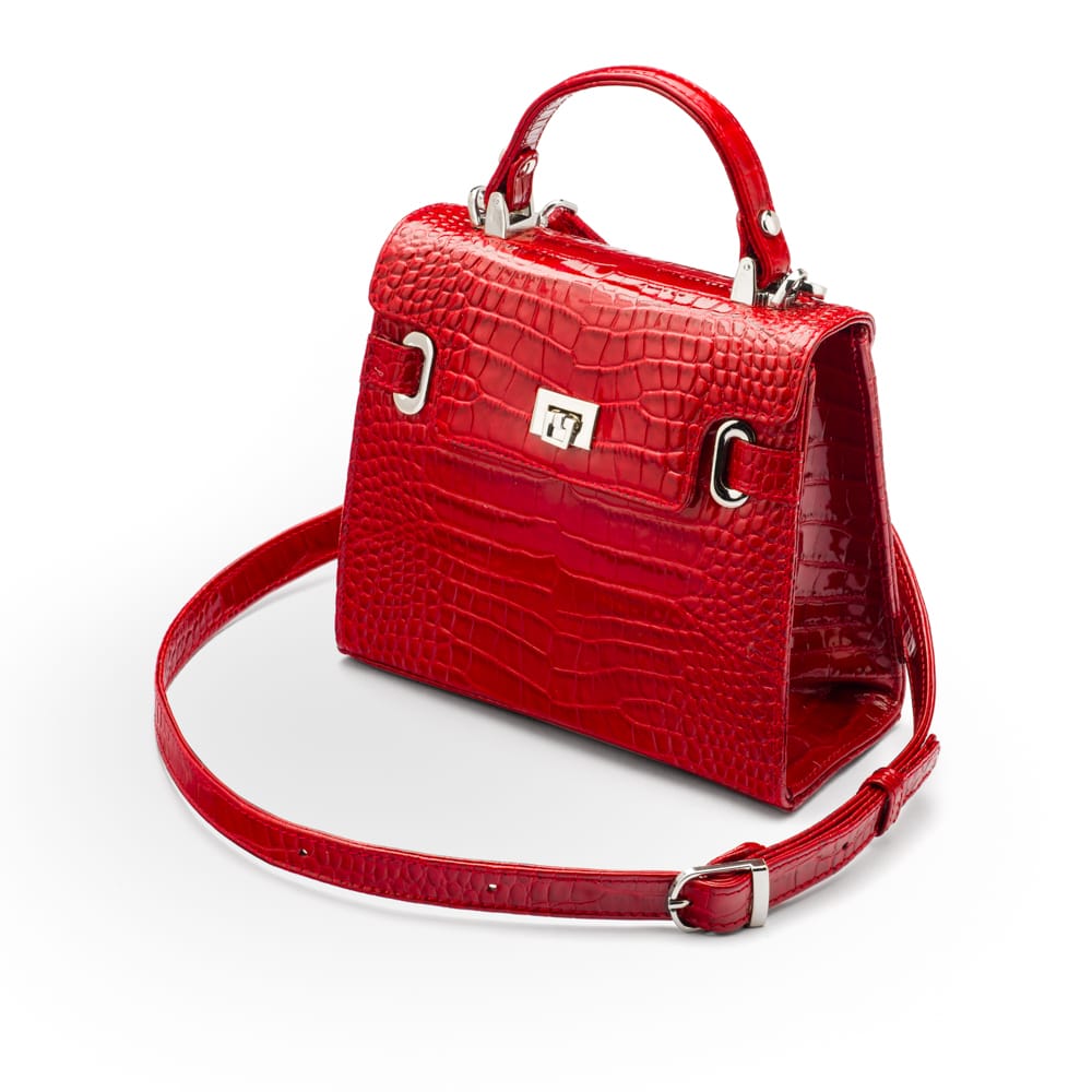 Leather mini Catherine bag, red patent croc, with detachable strap