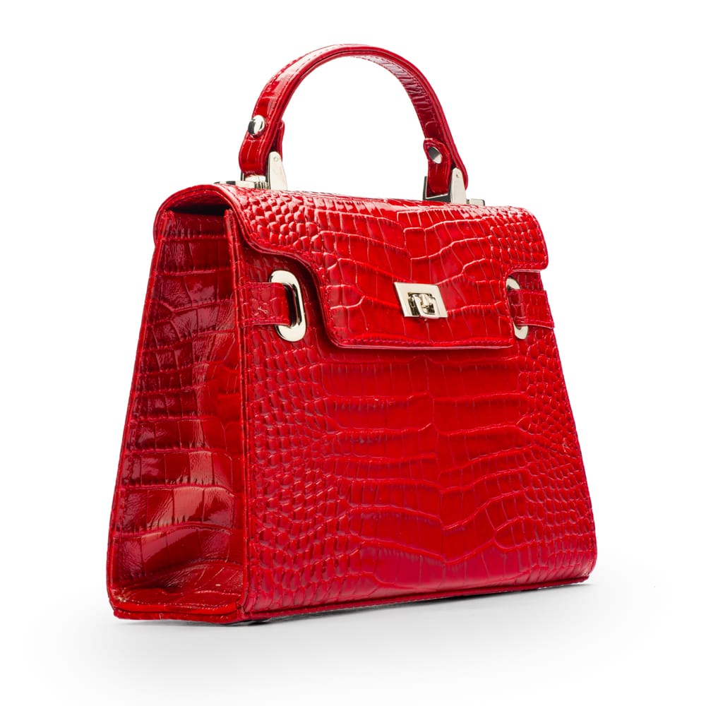 Leather mini Catherine bag, red patent croc, side view