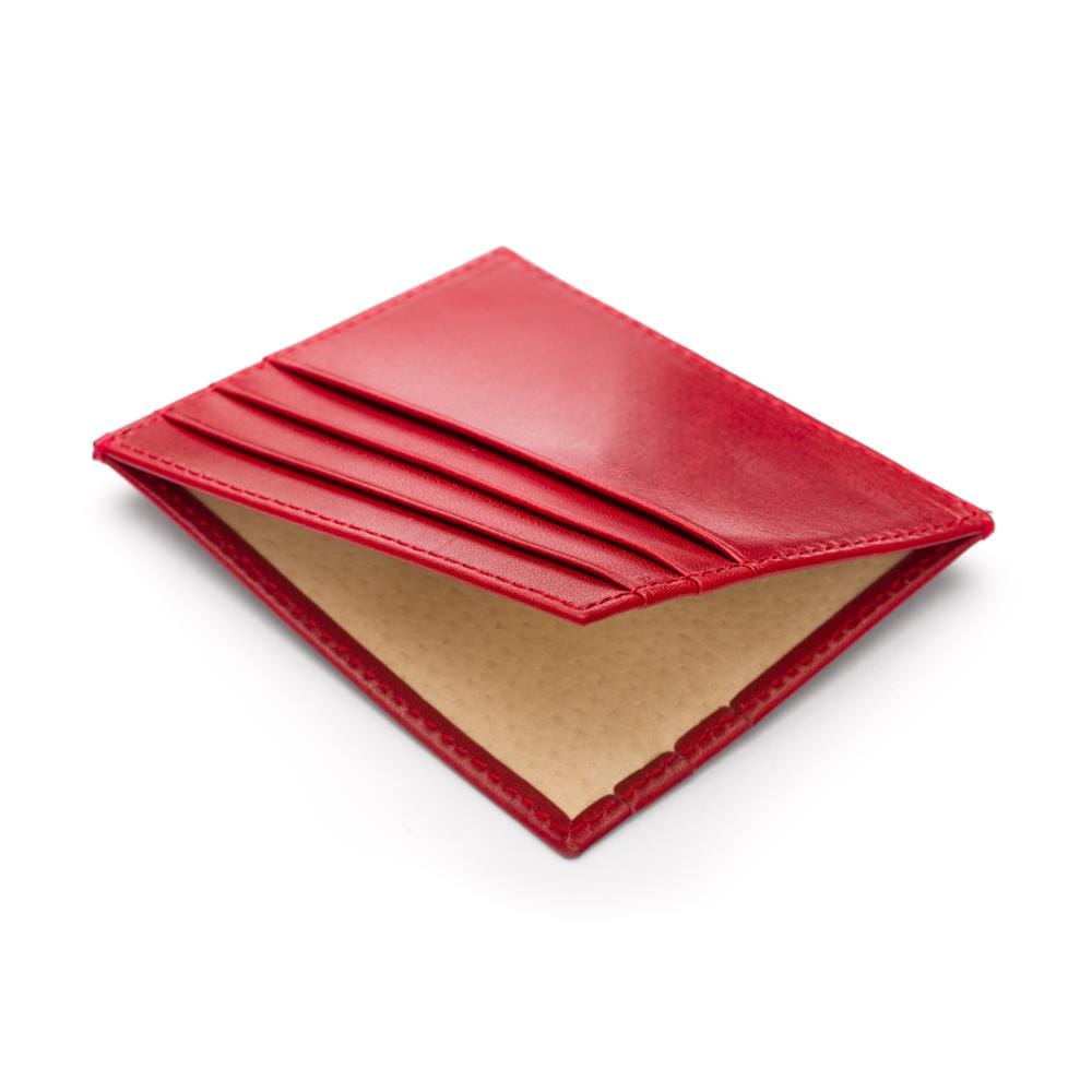 Leather side opening flat credit card case, red, open