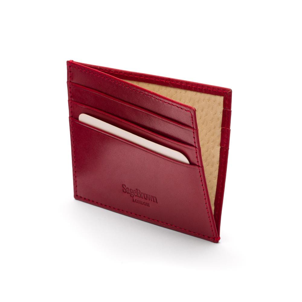 Leather side opening flat credit card case, red, inside