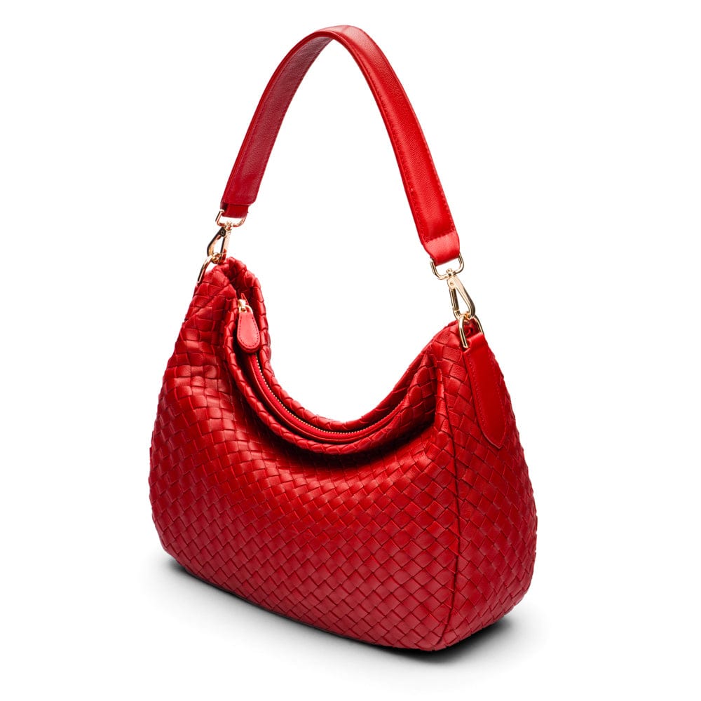 Melissa slouchy leather woven bag with zip closure, red, side