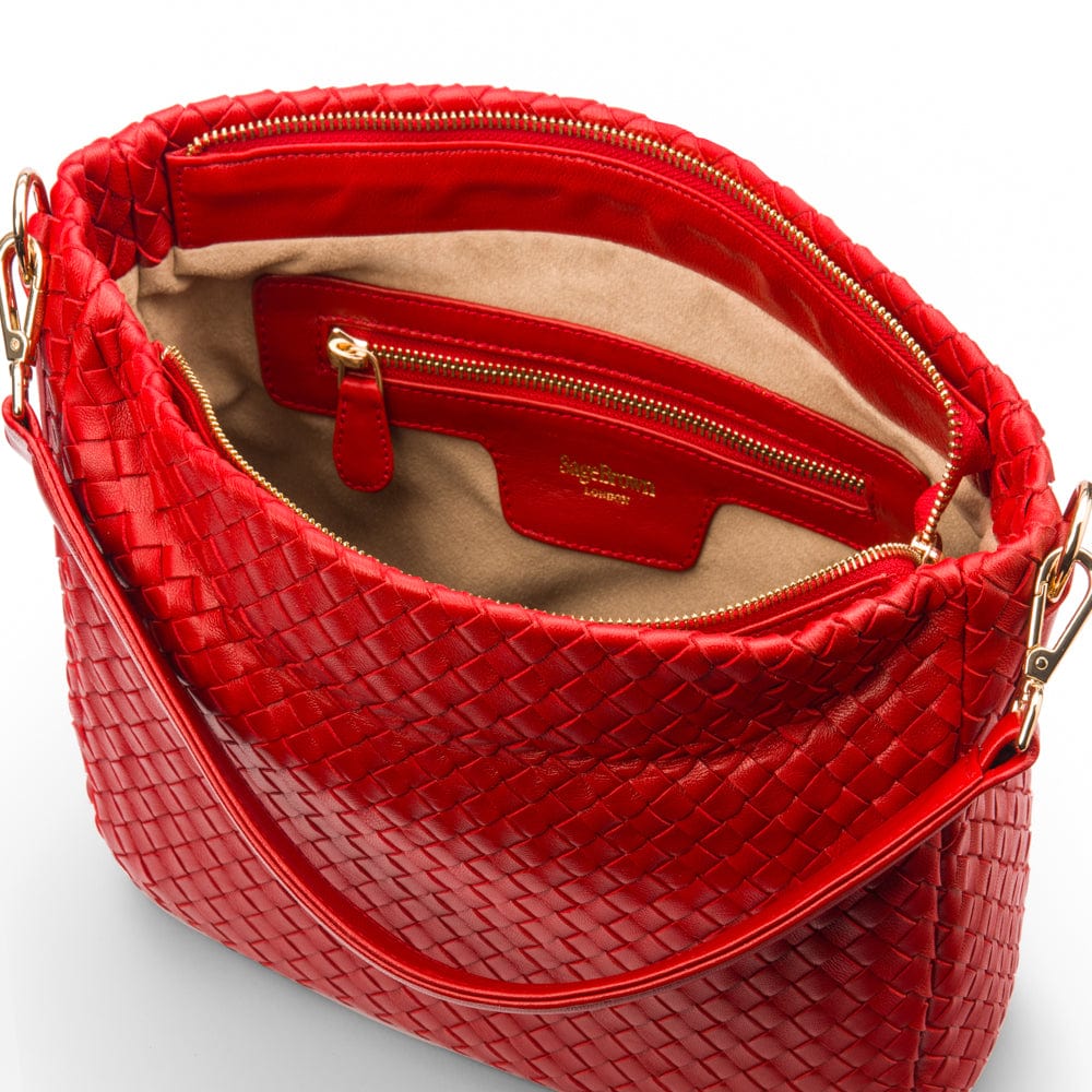 Melissa slouchy leather woven bag with zip closure, red, inside