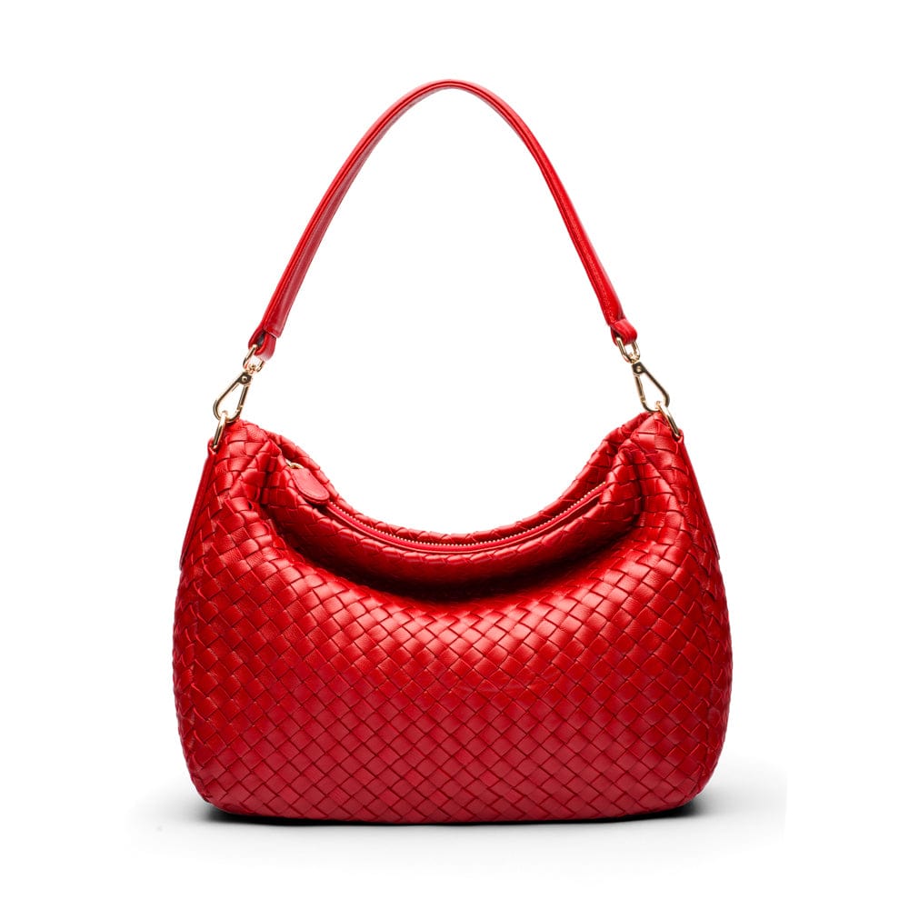 Melissa slouchy leather woven bag with zip closure, red, front