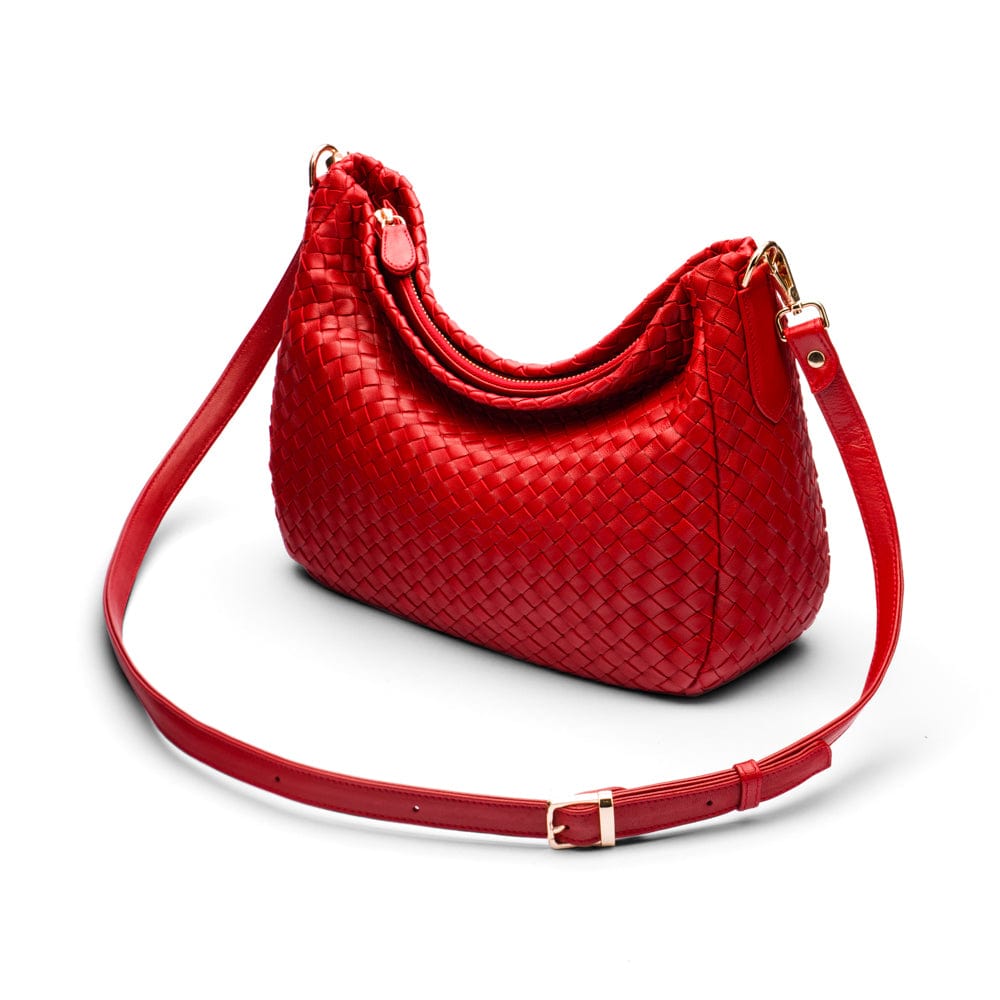 Melissa slouchy leather woven bag with zip closure, red, with long shoulder strap