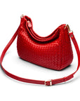 Melissa slouchy leather woven bag with zip closure, red, with long shoulder strap