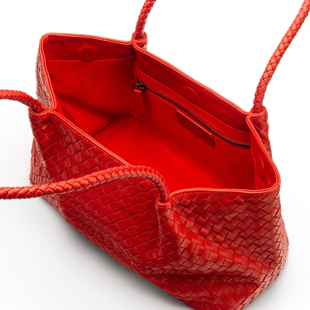 Midi woven leather bag, red, open