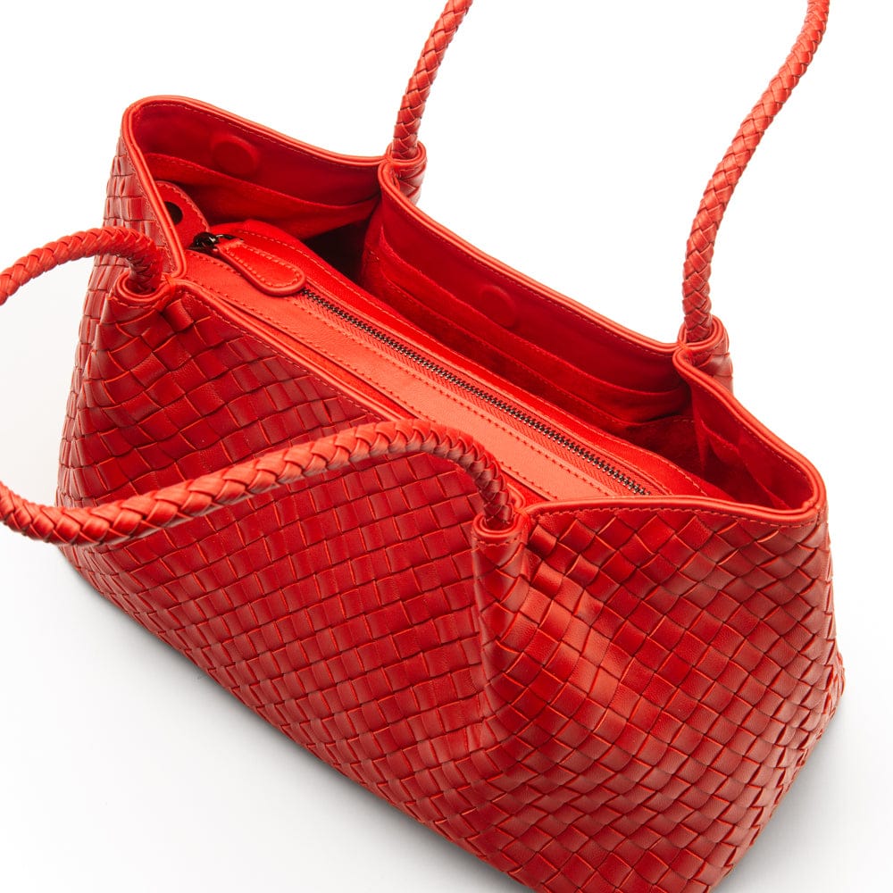 Midi woven leather bag, red, inside