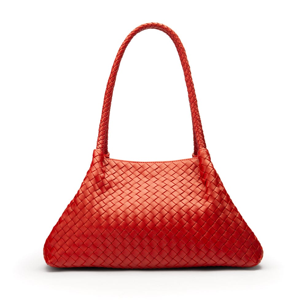 Midi woven leather bag, red, trapeze shape