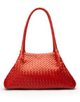 Midi woven leather bag, red, trapeze shape
