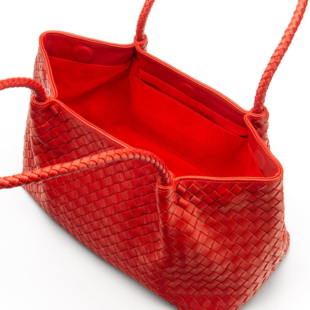 Midi woven leather bag, red, open view