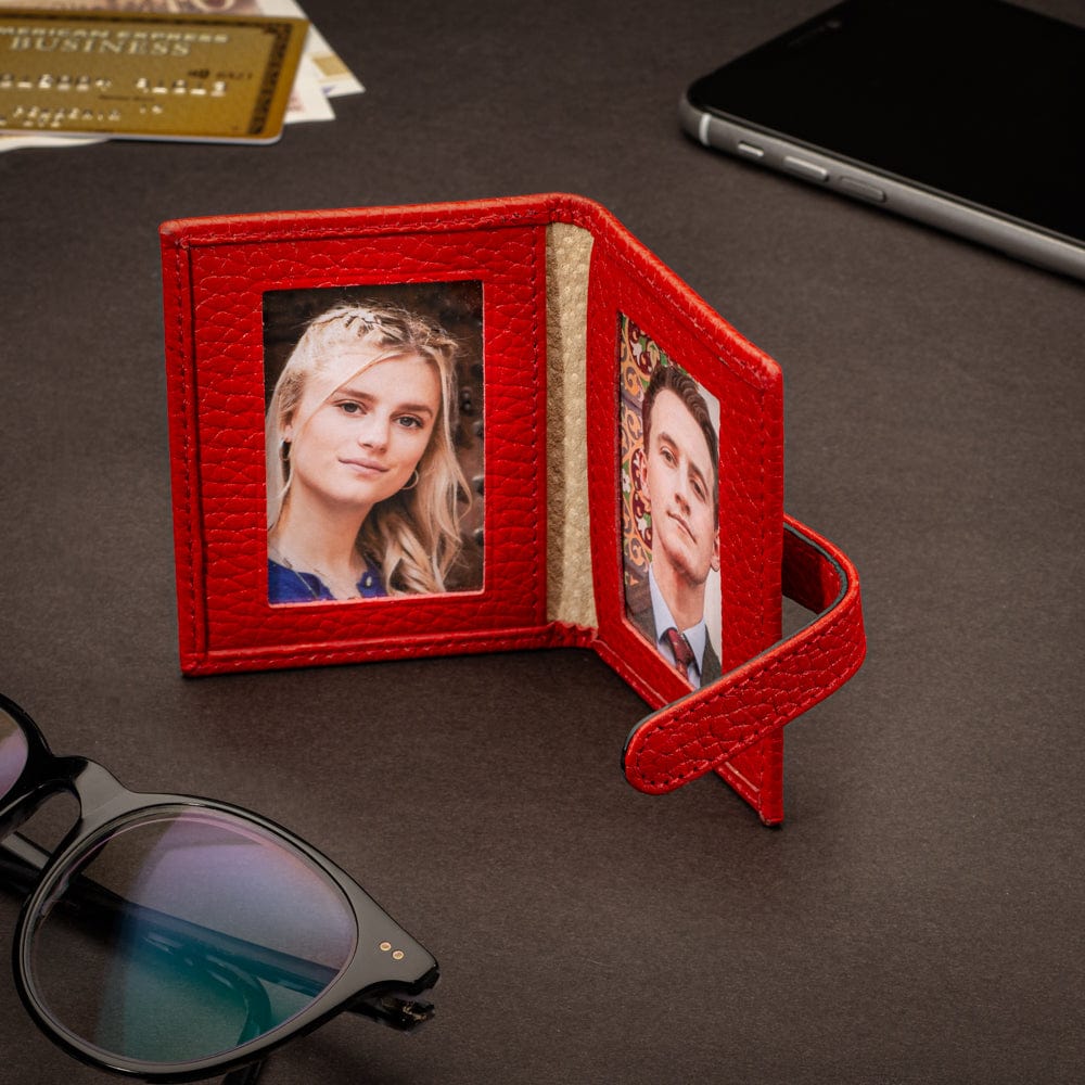 Mini leather passport photo frame, red, 60 x 40mm, lifestyle