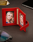 Mini leather passport photo frame, red, 60 x 40mm, lifestyle